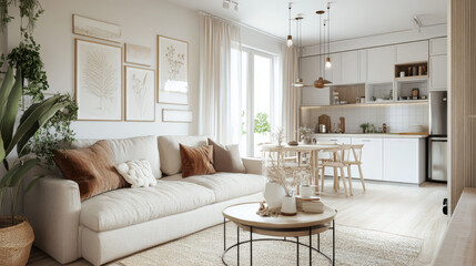 Fototapeta premium Cozy, open studio apartment in Scandinavian style. It has warm, pale colors like white and beige. The living area has trendy furniture, and the kitchen has modern details.