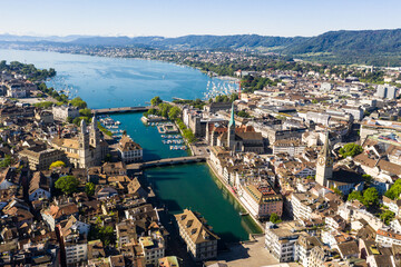Zurich, Switzerland: Stunning aerial view of Zurich old town and downtown along the Limmat river and lake Zurich in Switzerland largest city