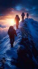 Obraz premium Mountaineer Team Climbing Snowy Peak Together at Sunset