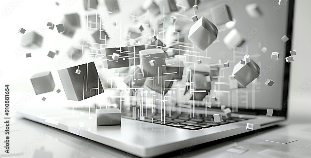 Poster white background.digital. five white large clear blocks popping out of the laptop display. generativ