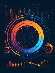 Obraz premium Futuristic Business Analytics Digital Data Infographic Dashboard with Circular Chart Diagrams