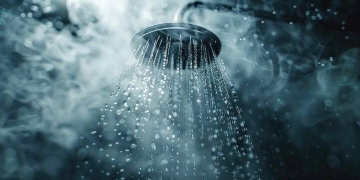 Hot shower with steam and water drops.