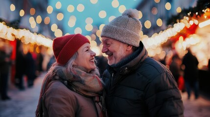 senior couple having fun at a Christmas market
