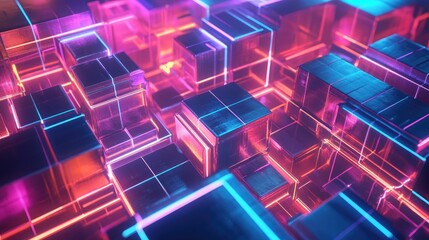 Floating 3D geometric patterns with neon accents, futuristic look