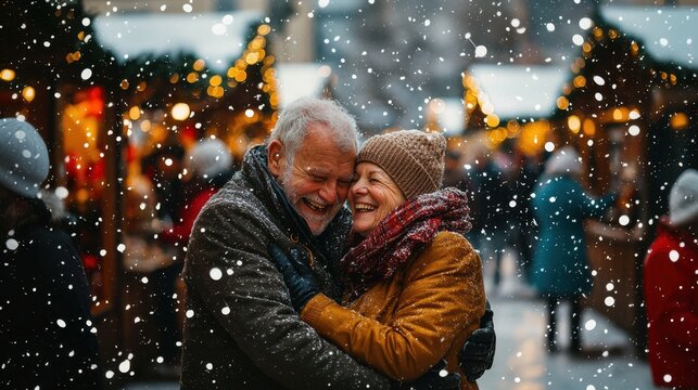 senior couple having fun at a Christmas market