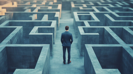 Businessman in Maze Seeking Solutions - Problems and Solutions Concept