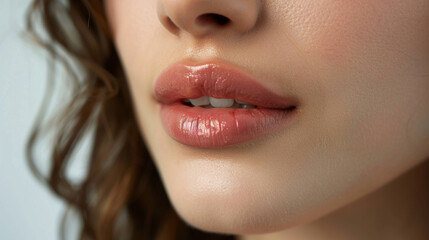 Naklejka premium Close-up of a girl's lips with half-applied lipstick, capturing the contrast between the natural lip color and the lipstick