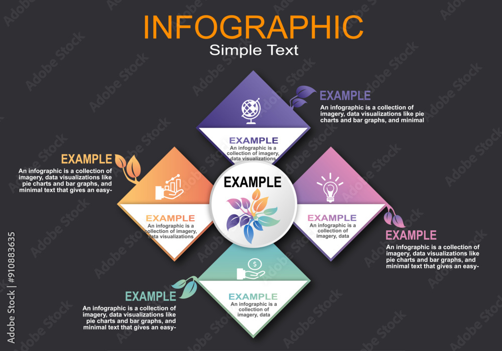 Poster vector infographic is a round shape with four isolated colored flower-like sections showing icons an