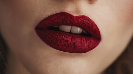 Fototapeta premium Close-up of a girl's lips after applying matte lipstick, showing the detailed matte texture and smooth finish