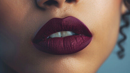 Naklejka premium Close-up of a girl's lips after applying matte lipstick, showing the detailed matte texture and smooth finish