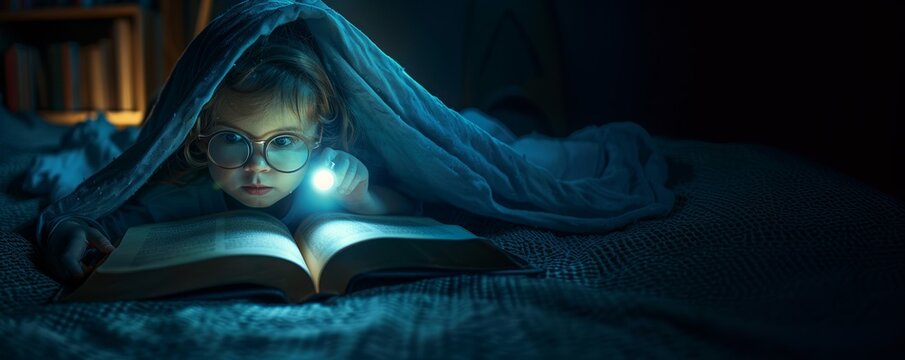 girl wearing glasses with flashlight on in hand reading book under blanket in darkness, copy space. book day, book lovers day, bedtime stories for kids, reading at night, reading benefits concept.
