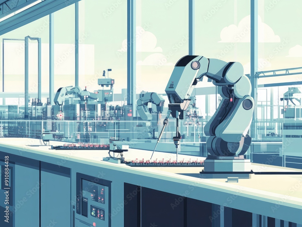 Aufkleber smart factory with robotic workers, representing automated manufacturing