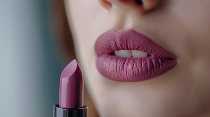 Obraz premium Close-up of a girl's lips with a lipstick shade tester, capturing the detailed application and comparison of colors