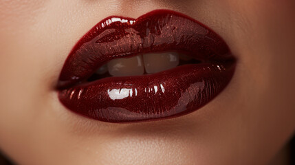 Fototapeta premium Close-up of a girl's lips with a hint of gloss over a rich lipstick, capturing the shine and detailed texture