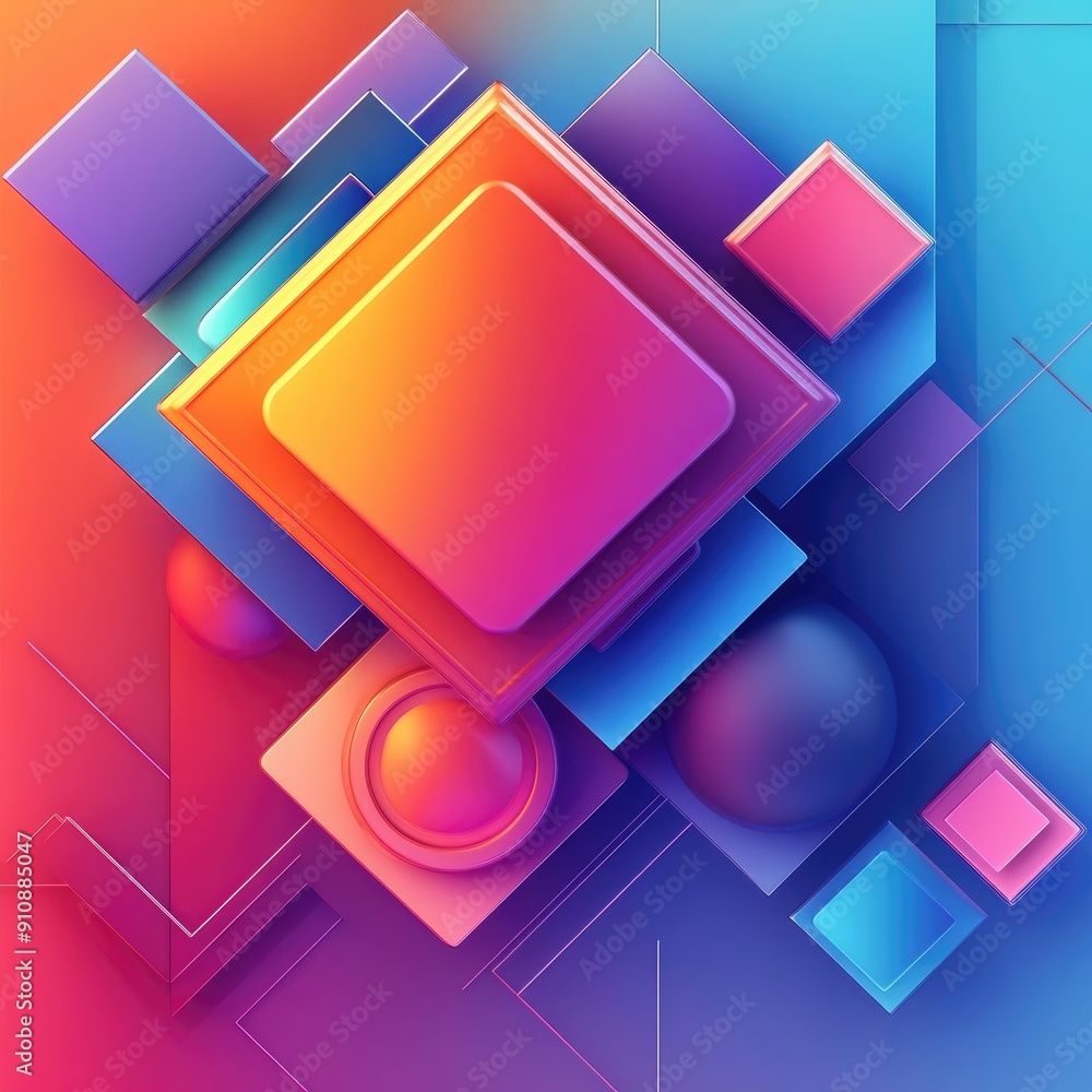 Poster 3d geometric shapes with vibrant gradient colors, dynamic background