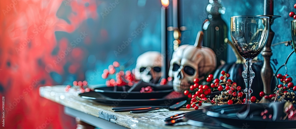 Poster Halloween themed table setting adorned with festive decorations on colorful backdrop with copy space image