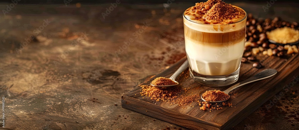 Aufkleber a latte glass with a spoon rests next to a wooden board displaying dalgona coffee ingredients like b