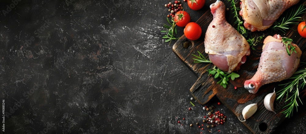 Poster Raw chicken thighs and legs on a rustic table a potential meal or snack with a food background and ample copy space in the top view image