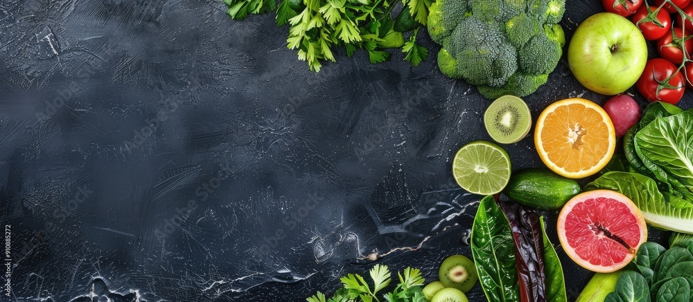 Poster top view of nutritious green vegetables and fruits displayed on a black surface with ample copy spac