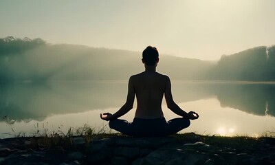 A person practices meditation in a tranquil setting by a lake at sunrise