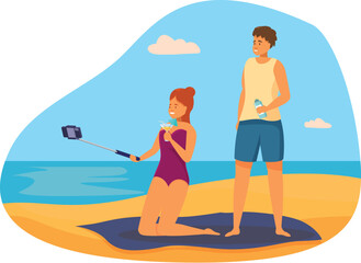 Obraz premium Young couple taking selfie on the beach while holding cocktails and enjoying summer vacation
