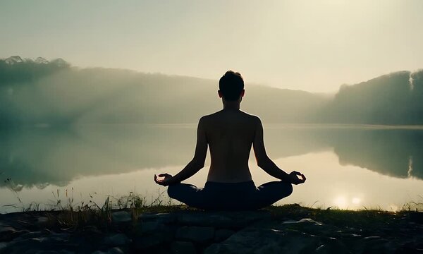 A person practices meditation in a tranquil setting by a lake at sunrise