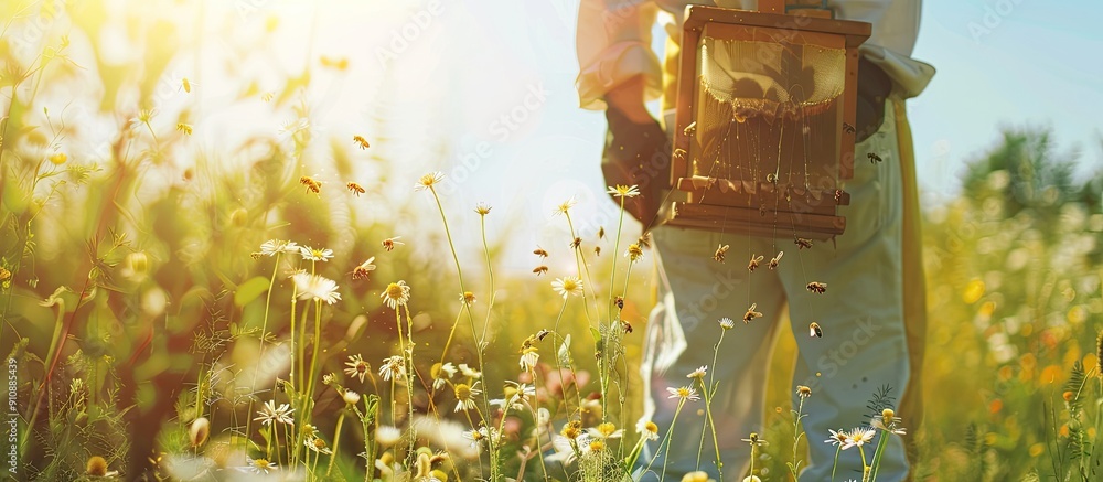 Poster Man involved in beekeeping practice to gather honey highlighting the connection between humans and insects in this concept with a copy space image