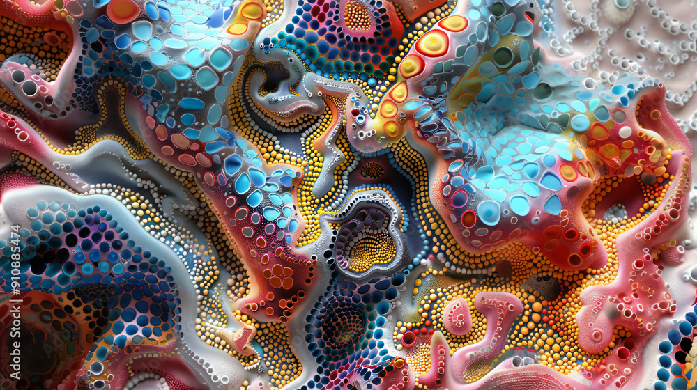 Poster complex organic form created by colorful dots with a wavy texture