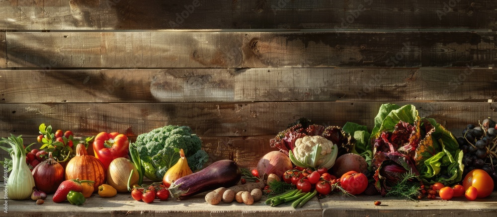 Poster a rustic farm display features a selection of organic vegetables set against a wooden backdrop with 