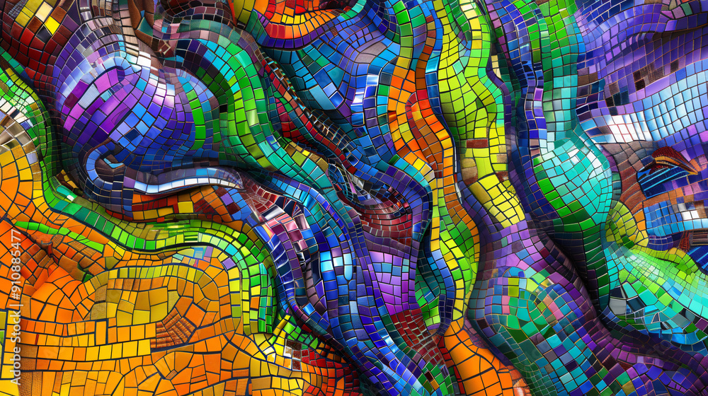 Poster Colorful mosaic tiles create a wavy pattern in an abstract background