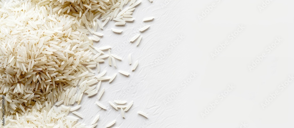 Poster high quality close up image featuring white basmati rice against a white backdrop with ample copy sp