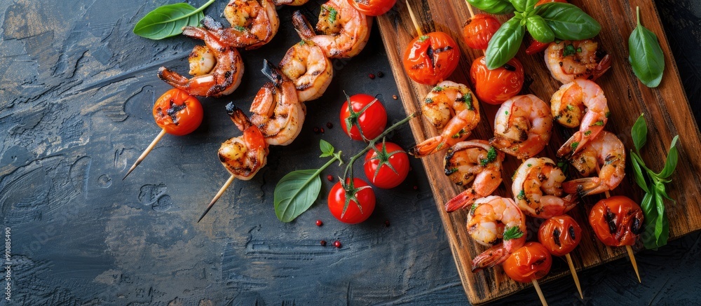 Poster wooden board with delicious grilled shrimp skewers and fresh tomatoes displayed in the image with co