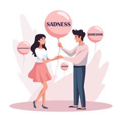 People with balloons with emotions written inside