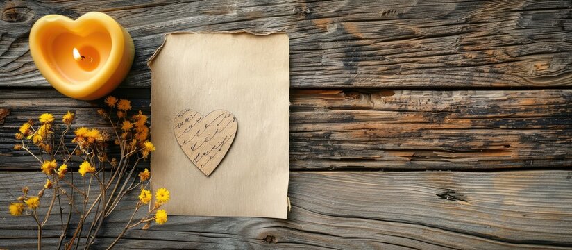 Wedding greeting card with a rustic background featuring a blank note a yellow decorative heart a lit aroma candle and dry flowers perfect for copy space image