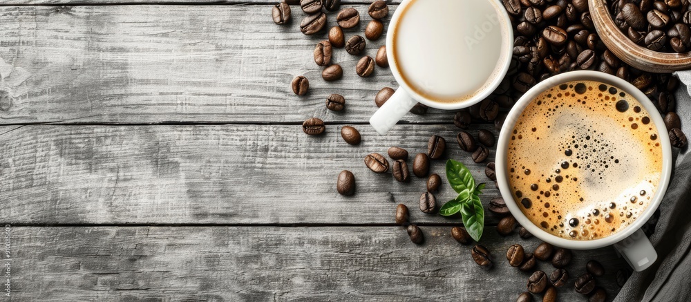 Poster flatlay view of coffee beans and milk coffee in cup on wooden bricks backdrop with copy space image