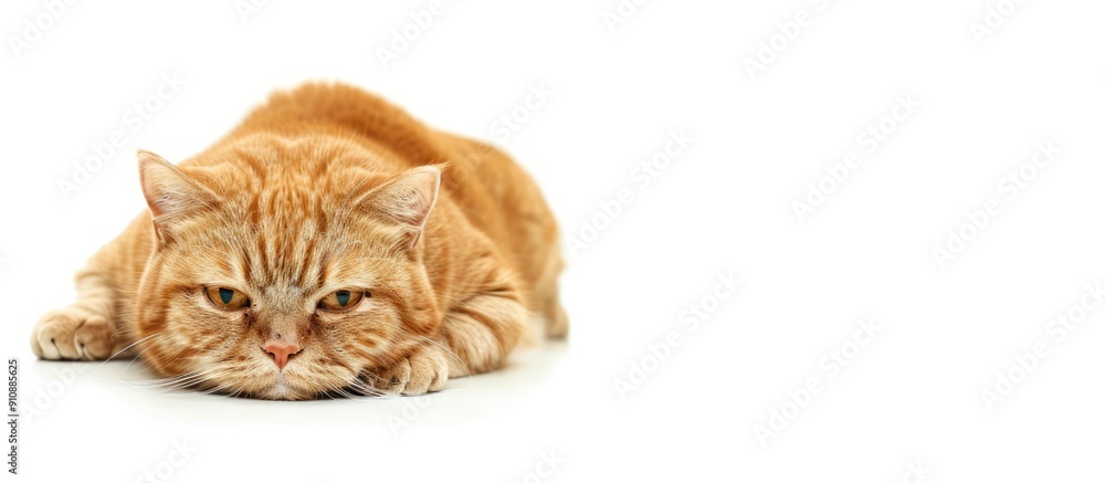 Poster Red overweight cat isolated on white background with copy space image