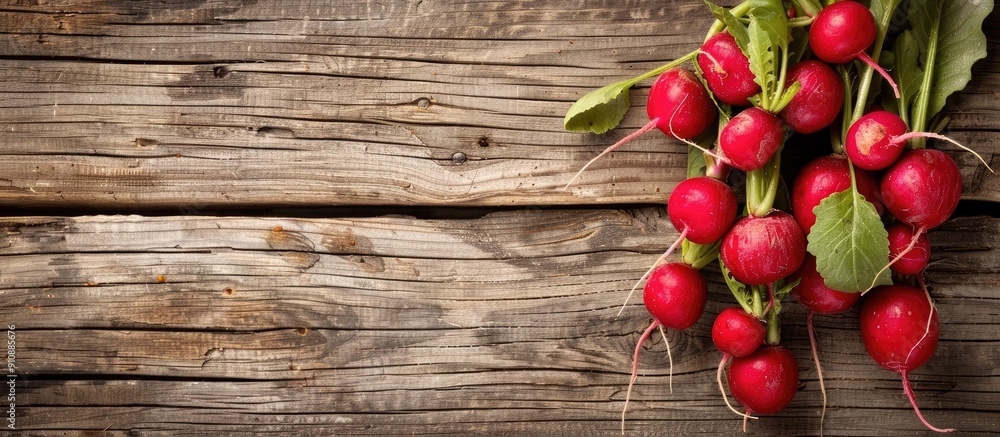 Aufkleber Fresh red radishes on a wooden background with ample copy space for custom text or images
