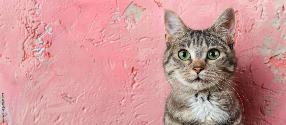 Poster green eyed gray and white cat posing for a portrait against a textured pink background ideal for a c