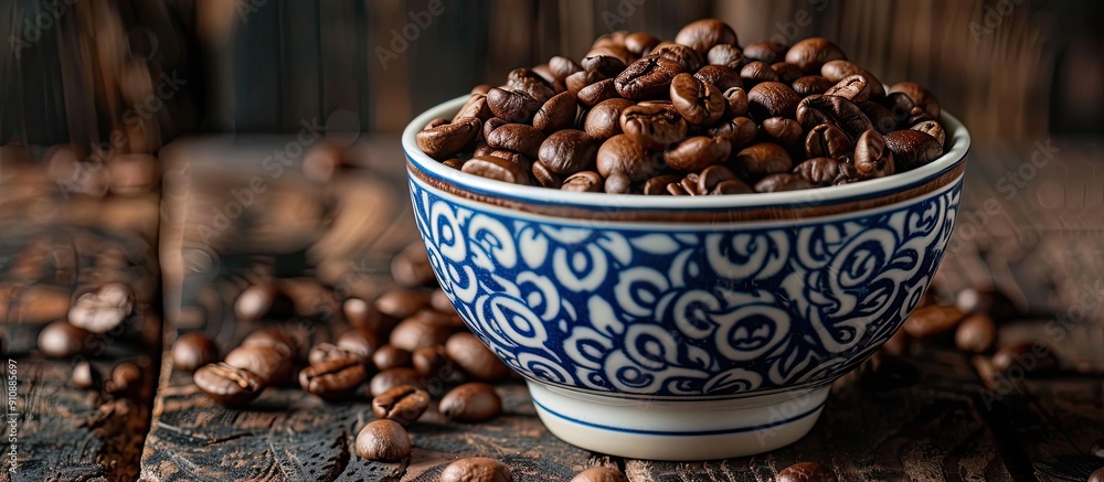 Poster roasted coffee beans displayed in an oriental bowl set on a dark wooden surface with copy space imag