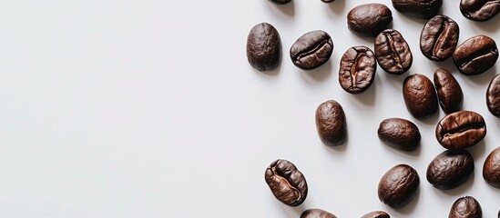 Roasted coffee beans displayed against a soft white backdrop are a tempting sight for coffee aficionados in this copy space image