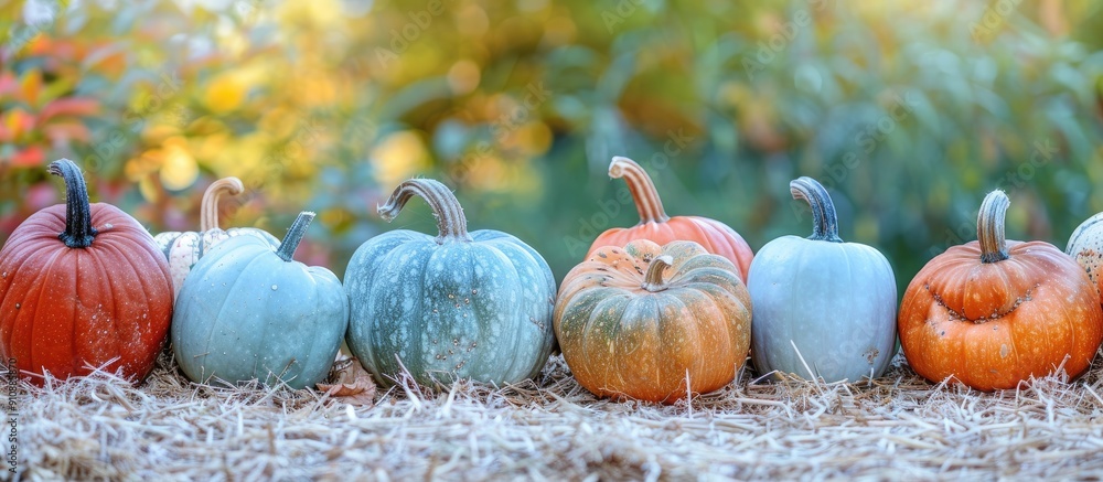 Poster Row of multicolored autumn pumpkins displayed on straw in a fall harvest scene with copy space image