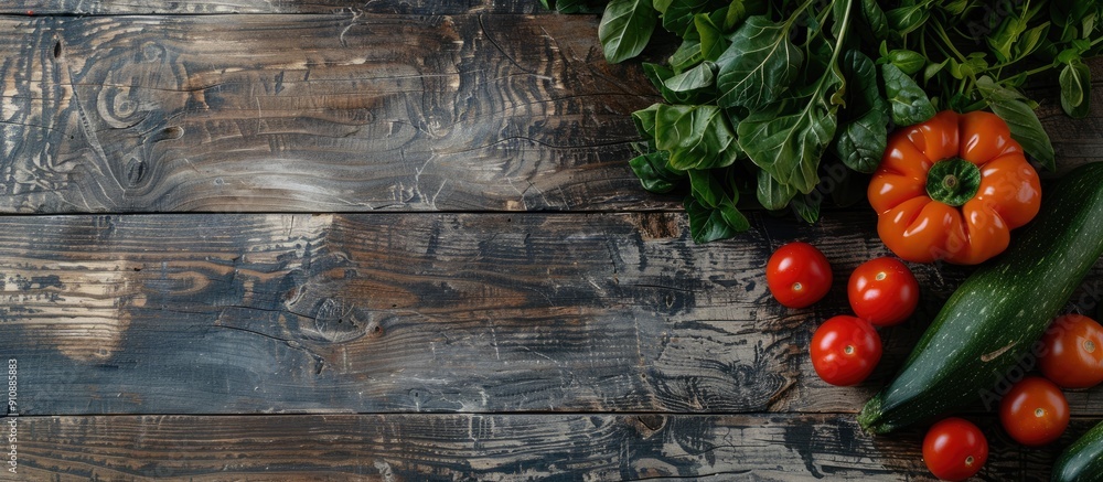 Poster Fresh vegetables arranged on a rustic wooden surface with space for text overlay in the image. Creative banner. Copyspace image