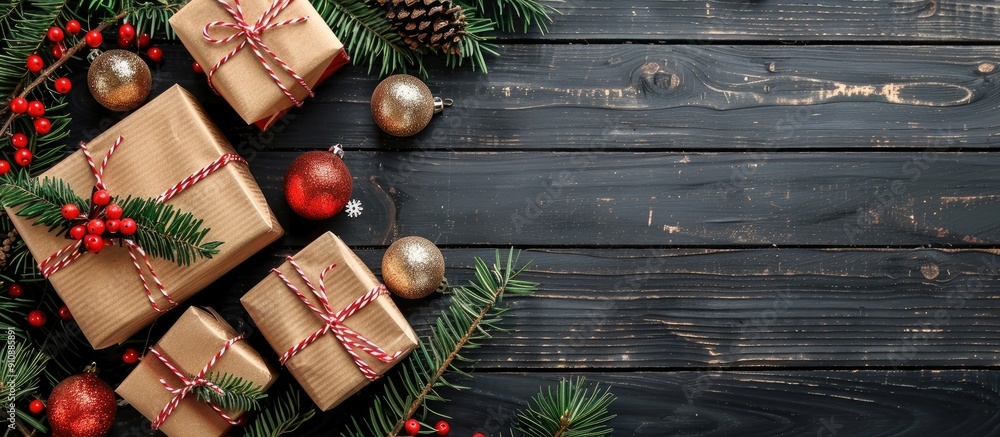 Poster festive boxes adorned with gifts and christmas ornaments conveying a joyful new year theme with copy