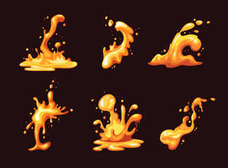 lava splashes. game video effect, cartoon liquid magma drops, yellow boom dynamic explosion flash animation. vector ui graphics collection.