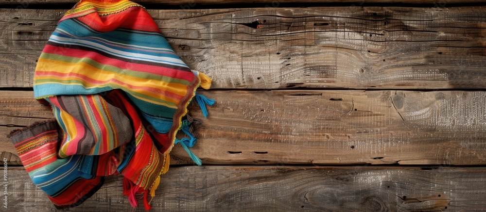 Aufkleber A striped and colorful dish towel on wooden planks with texture and wood grain creating an abstract and structured background for a copy space image