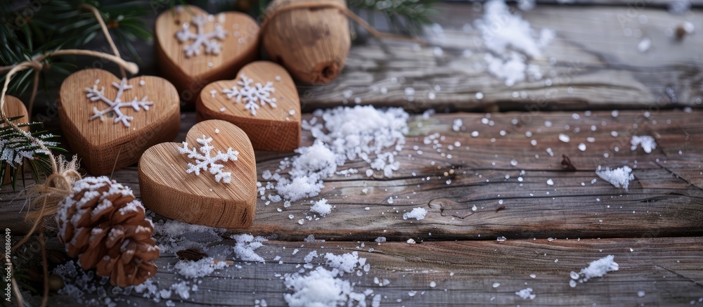 Poster heart shaped wooden decorations displayed on a snowy wooden backdrop with space for adding images. c