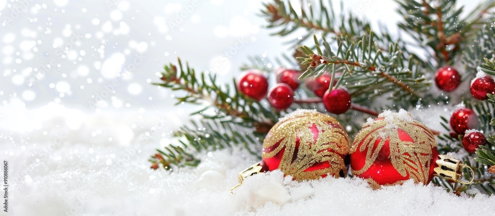 Poster A holiday themed image with red and gold decorations a snowy fir tree branch all on a white background offering ample space for text or graphics