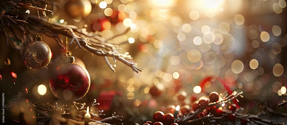 Poster soft focus enhances the festive ambiance of a christmas themed setting adorned with branches and toy