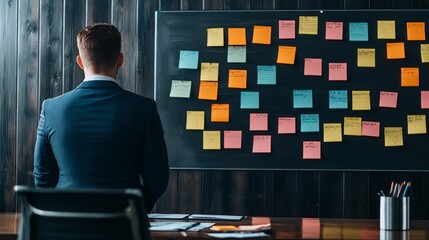 A professional man analyzing colorful sticky notes on a blackboard in a modern office setting, focused on brainstorming ideas.