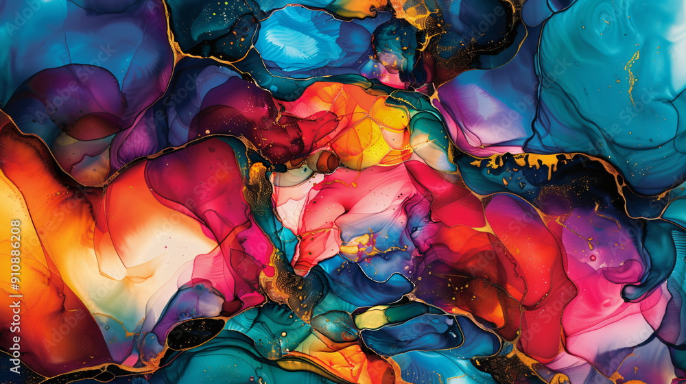 Poster Vibrant inks blending and forming captivating patterns and textures on abstract background